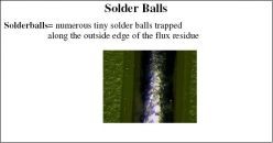 Solder balls = numerous tiny solder balls trapped along the outside edge of the flux residue