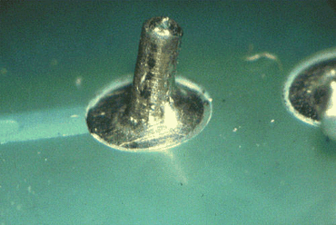 Figure 1: Here, the brass pins had not been plated with copper before tin lead plating Figure 1: Here, the brass pins had not been plated with copper before tin lead plating